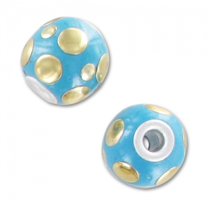 Round bead 14mm bubbles Turquoise/Gold x1