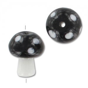 19x15 mm glass mushroom bead - polka dot pattern - Black - White x1