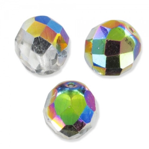 Fire Polished faceted round beads 12mm Crystal Vitrail Medium x5
