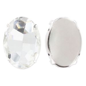 Oval faceted set cabochon 25x18mm Crystal/Rhodium tone