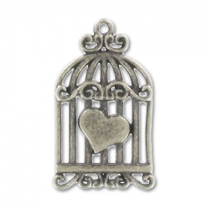 Bird cage heart 34mm Old silver tone x1