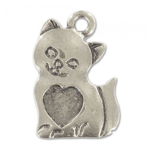 Heart Cat charm 20mm Old Silver tone x1