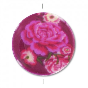 MOP printed Puck-shaped bead 30mm Fuchsia Roses x1
