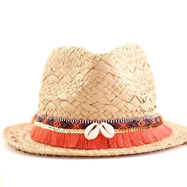 Custom panama hat with braid, sequins and cauri shells