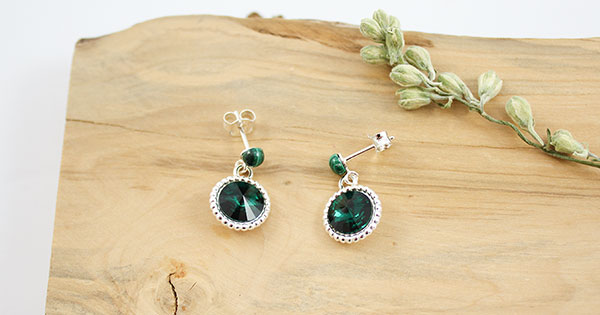 925 Malachite silver earrings with Swarovski or PureCrystal cabochon