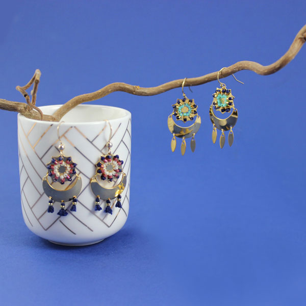 Miyuki Half-Moon Spacer Earrings with Pom-Poms