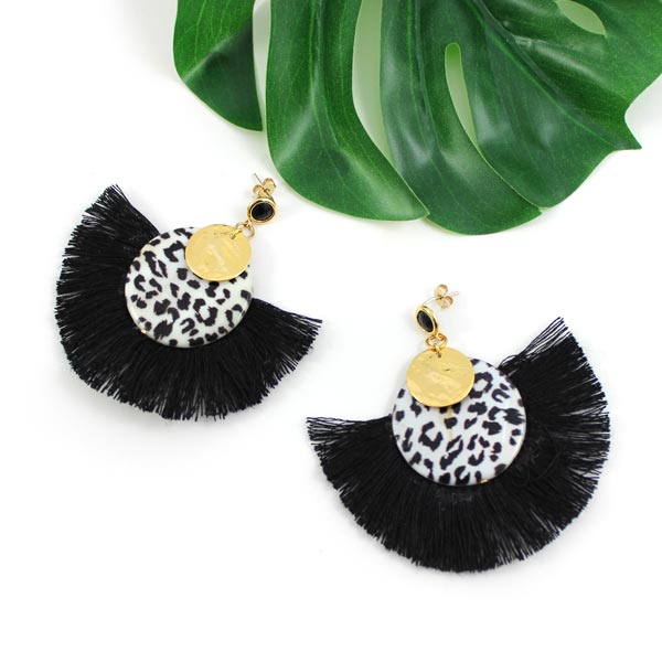 Snow leopard earrings, fringed braid and crinkled gold sequin