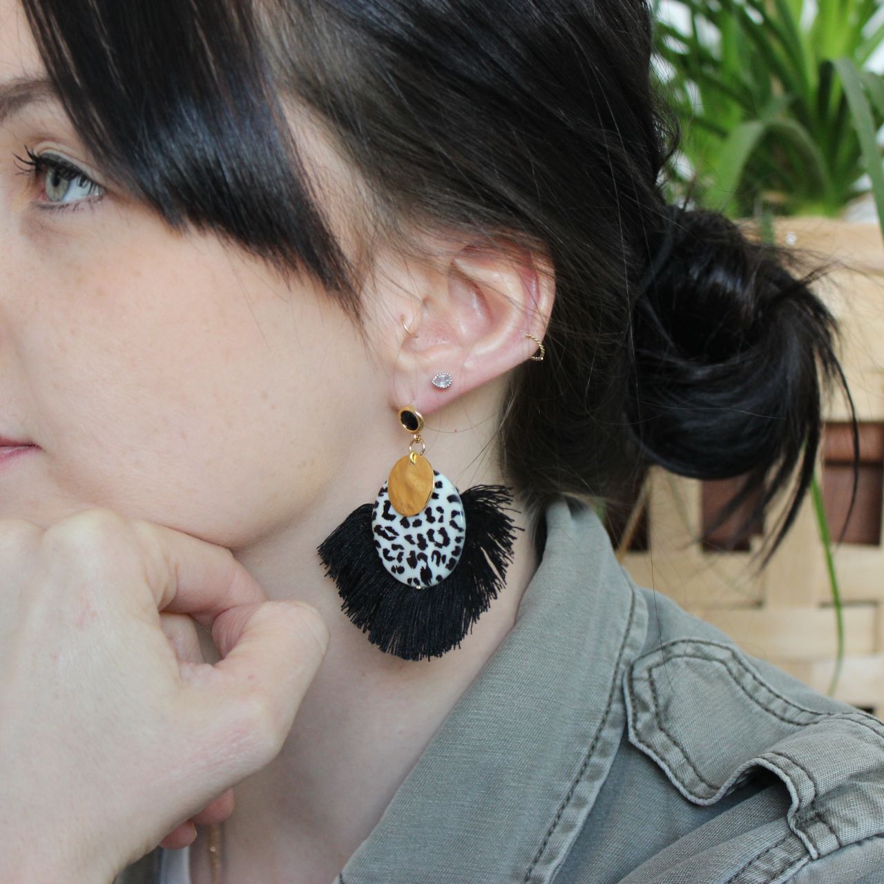 Schema  Snow leopard earrings, fringed braid and crinkled gold sequin