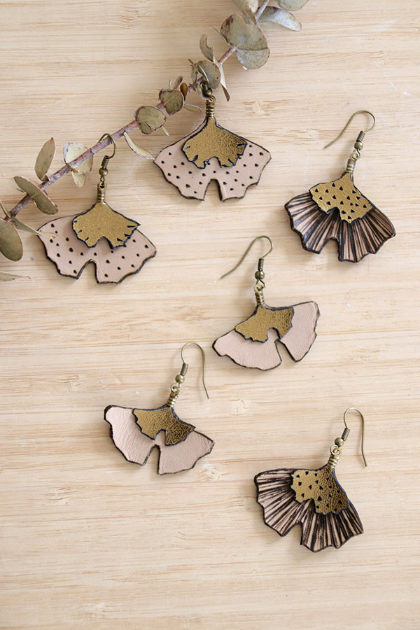 Ginkgo leaf earrings in pyrographed leather