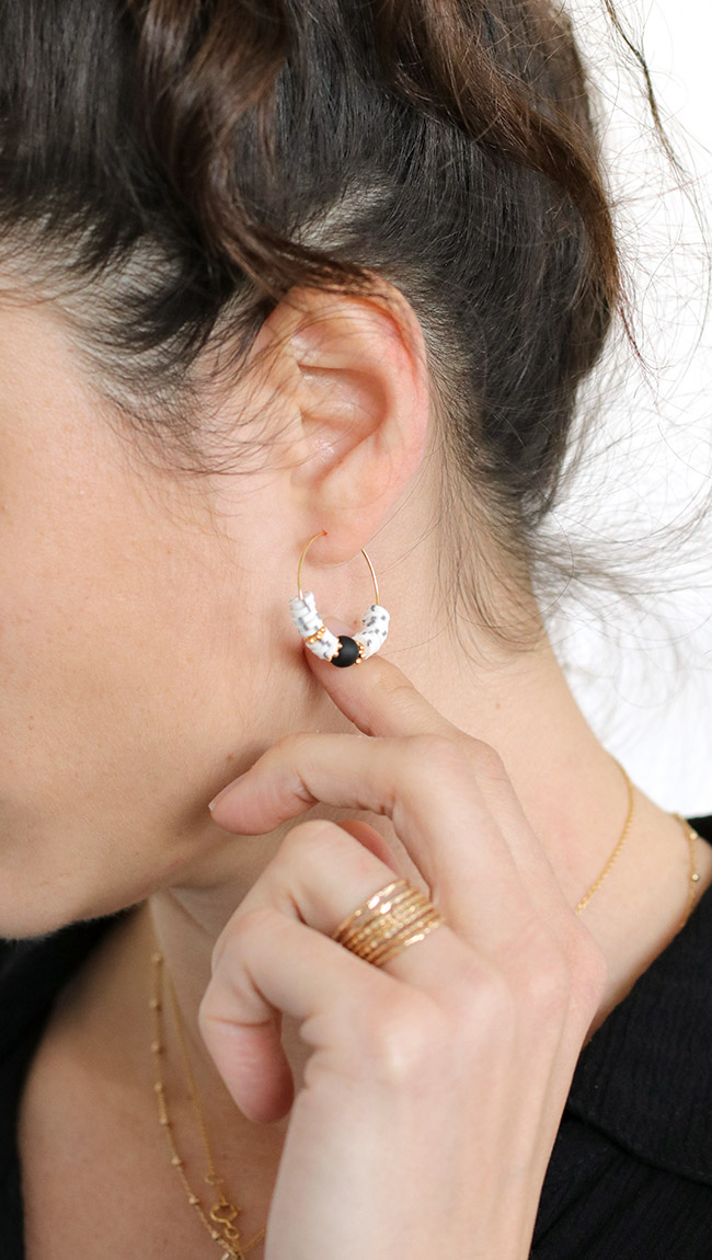 Schema  Mini Hoops with Heishi Dalmatian Washers and Matte Onyx Stone