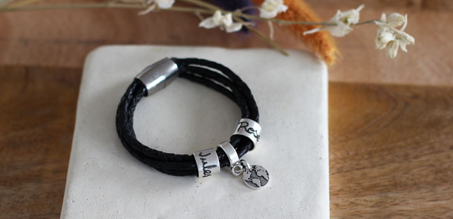 Trendy leather men's bracelet with engraved washers