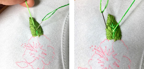 Tutoriel DIY broderie frise Hibiscus sur un col de tee-shirt