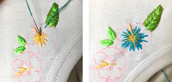 Tutoriel DIY broderie frise Hibiscus sur un col de tee-shirt