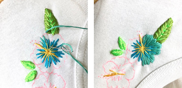 Tutoriel DIY broderie frise Hibiscus sur un col de tee-shirt