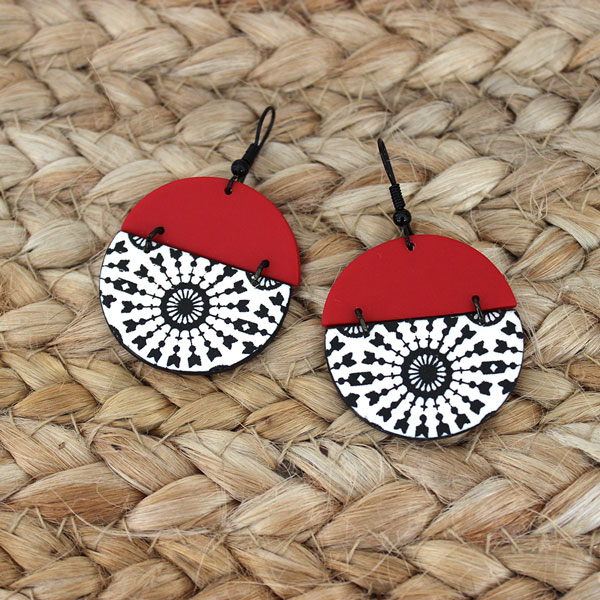 Black and white silkscreen and red half-round earrings