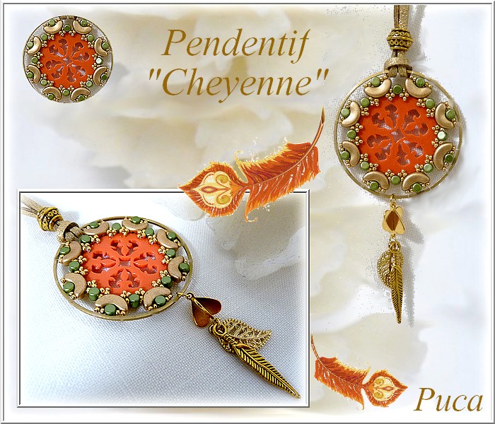 Schéma gratuit Puca pendentif Cheyenne tissage de perles en verre tchèques Arcos et Minos autour d'un intercalaire multirangs ajouré en plexiglas