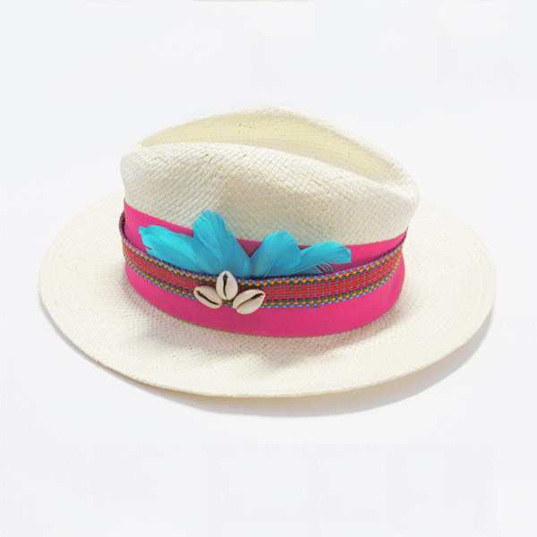 Fuchsia hat with ribbon , shell and feathers