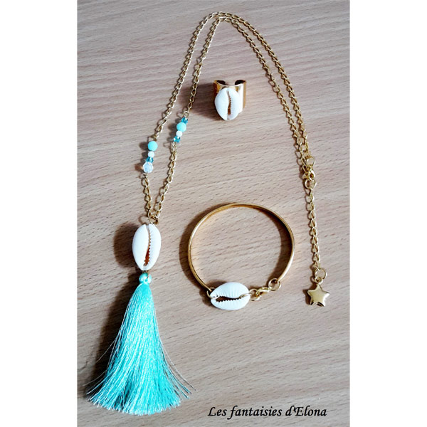Set Bracelet Necklace and Ring with shell and pompon