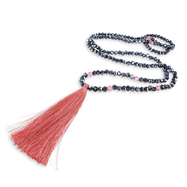 Pompon coral Sautoir and fire polished faceted flat round