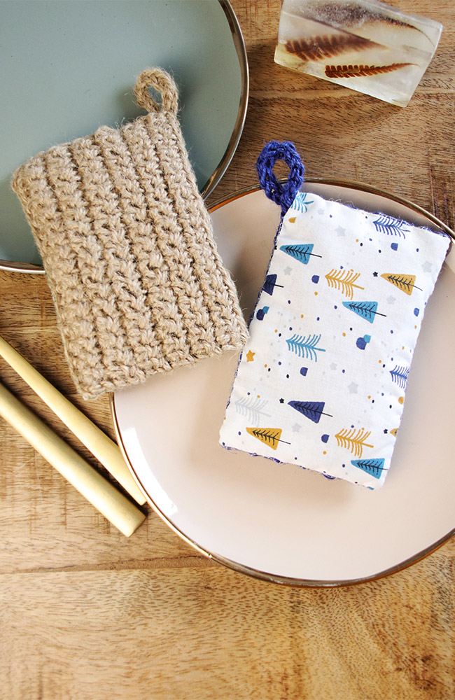 DIY crochet sponges, fabric and burlap
