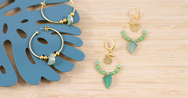 Pair of Aventurine and Shark Tooth gold creole earrings Pair of Aventurine and Shark Tooth gold creole earrings