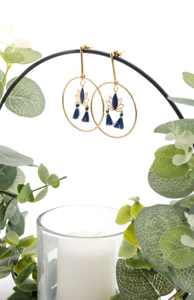 Hoop earrings with golden and blue lotus charms pinterest