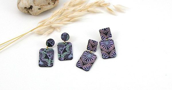 Silkscreen and Panpastels polymer clay earrings
