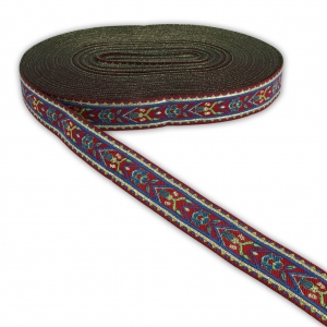 Graphic ribbon flowers 20 mm Bordeaux/Blue/Green x1m