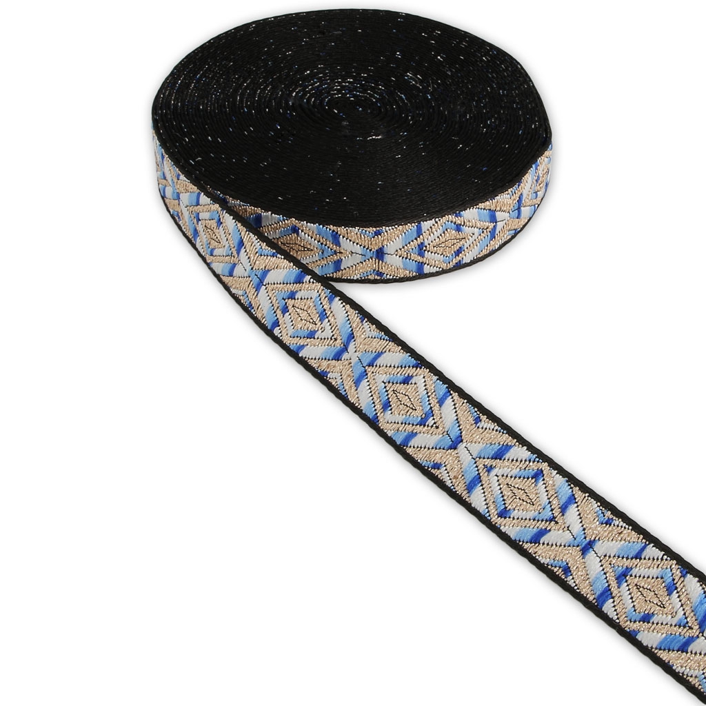 Embroidered ribbon diamond pattern 18 mm Blue/Gold Tone x50cm Perles & Co