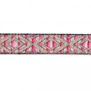 Embroidered ribbon diamond pattern 18 mm Pink/Gold Tone x50cm