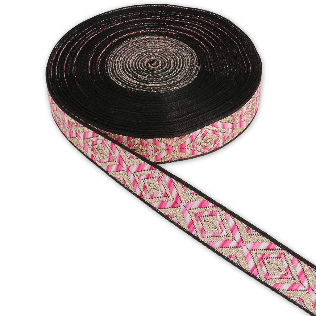Embroidered ribbon diamond pattern 18 mm Pink/Gold Tone x50cm Perles & Co