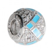 925 Sterling silver charm bead with rhinestones and epoxy resin - Geometric pattern - Turquoise