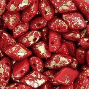 Czech Glass beads Gemduo 2 holes 8x5 mm Red Coral Gold Splash x10g