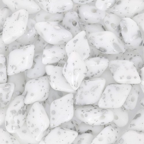 Czech Glass beads Gemduo 2 holes 8x5 mm Opaque White Silver Splash x10g