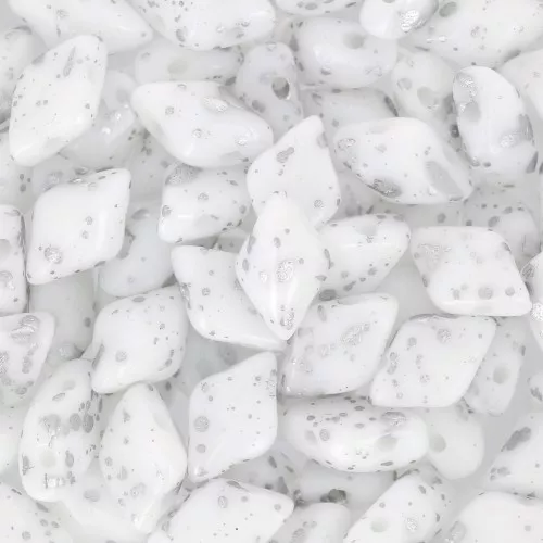 Czech Glass beads Gemduo 2 holes 8x5 mm Opaque White Silver Splash x10g