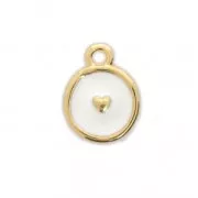 Round charm heart pattern with epoxy resin 10 mm fine Gold plated/White x1