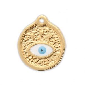 Round charm lucky eye with epoxy resin 15 mm fine Gold plated x1