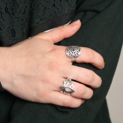 Adjustable tin ring lotus flower pattern 19 mm Fine Antique silver plating x1