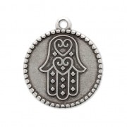 Round studded charm Hamsa hand 20 mm Antique Silver Plating x1