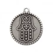 Round studded charm Hamsa hand 20 mm Antique Silver Plating x1