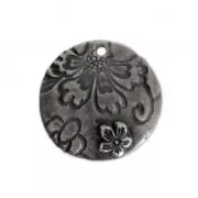 Round pendant flower pattern 21.5 mm Antique Pewter Tone x1