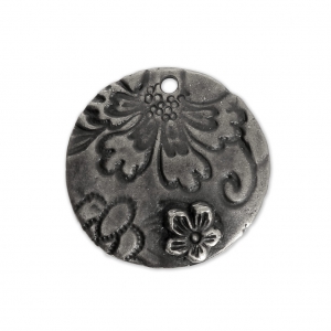 Round pendant flower pattern 21.5 mm Antique Pewter Tone x1