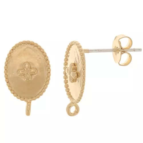 Oval brass earstuds with a cross pattern and 1 loop 14x9 mm Fine Gold plated x2