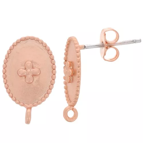 Oval brass earstuds with a cross pattern and 1 loop 14x9 mm Rose Gold Tone x2