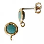 Round brass earstuds with an imitation Amazonite gemstone 7 mm Fine Gold plated x2