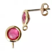 Round brass earstuds with an imitation Pink Tourmaline gemstone 7 mm Fine Gold plated x2