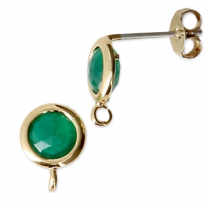 Round brass earstuds with an imitation Emerald gemstone 7 mm Fine Gold plated x2
