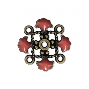 Metal clover spacer with epoxy resin 4 loops 14 mm Bronze Tone/Pink Coral x1