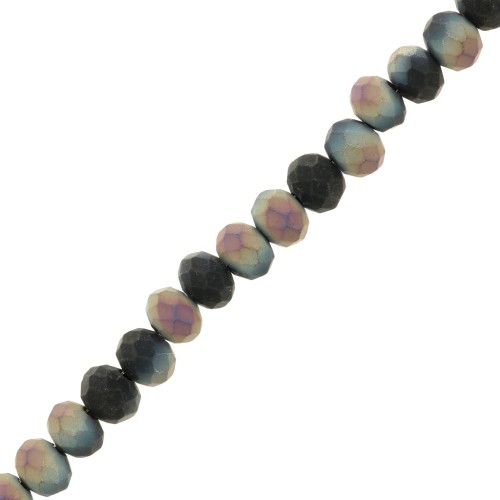 Round faceted beads - round flattened 6x5 mm Black Plated Frosted AB x36cm