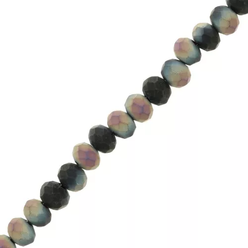 Round faceted beads - round flattened 6x5 mm Black Plated Frosted AB x36cm